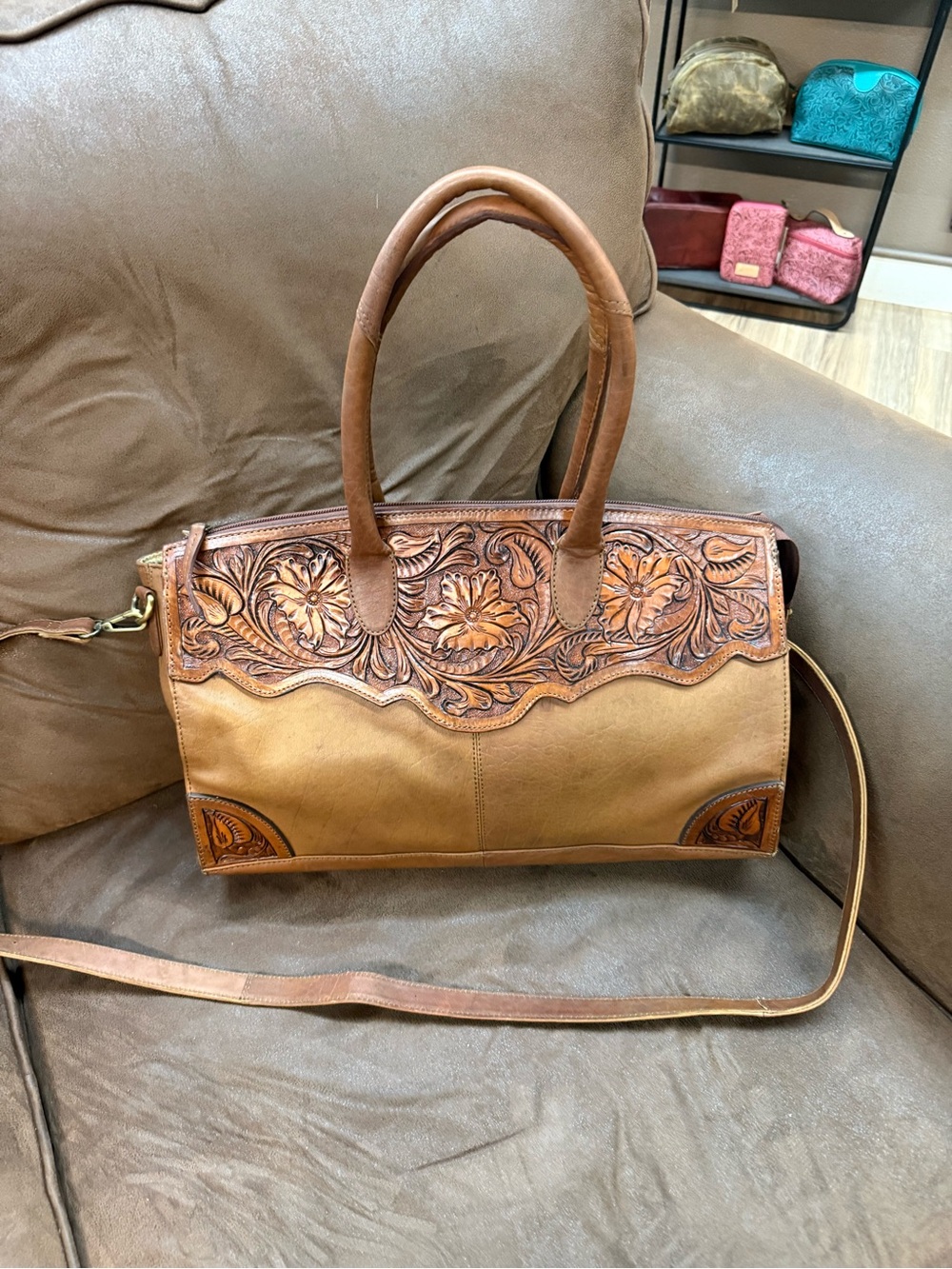 American Darling Tooled Leather Conceal Carry Satchel in Brown - Picture 3 of 7